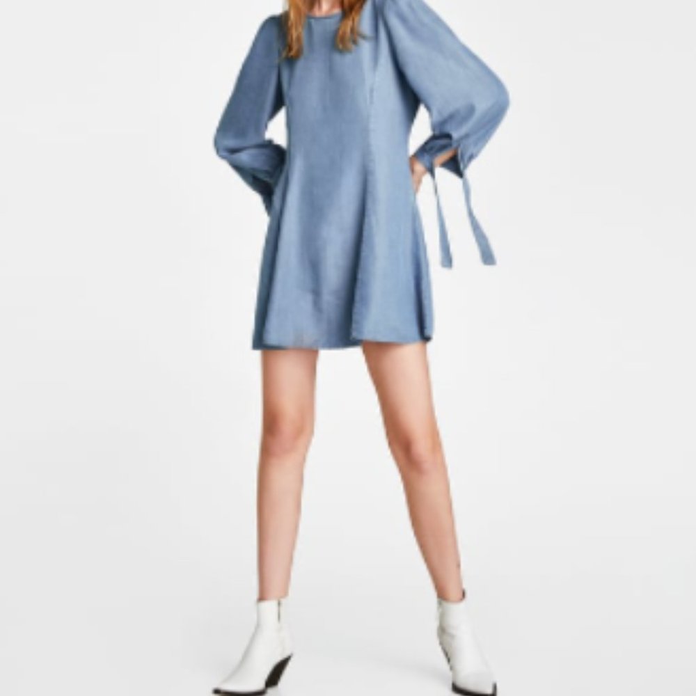Zara Bow Tie Long Sleeve Chambray Mini Dress